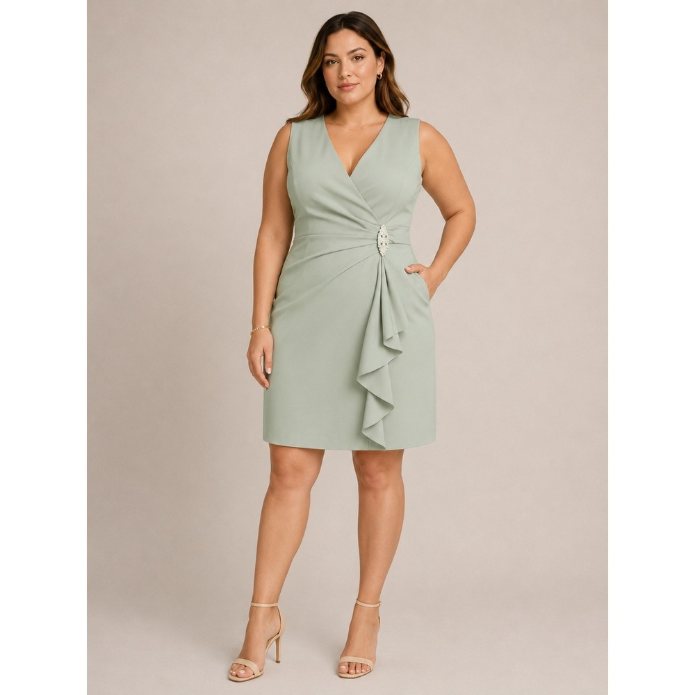 Jessica Howard Sage Green Sleeveless V-Neck Midi Dress with Side Ruffle